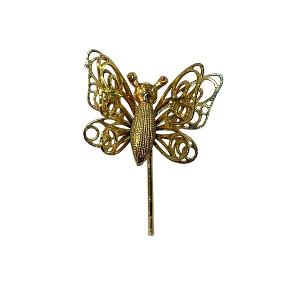 Gold Tone Butterfly Stick Pin With Double Layered Wings & Secure Clutch (1090) - Picture 1 of 6
